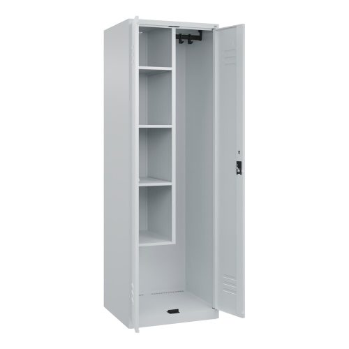 C+P, Putzmittelspind Classic PLUS, 1 Abteil, Trennwand mittig, verkürzt, lichtgrau, B 600 mm, mit Bodengleitern, Zylinderschloss C+P