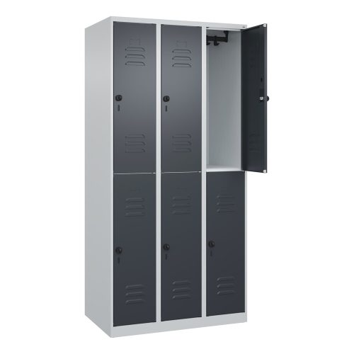 C+P Doppelstock-Spind Classic PLUS, 3 Abteile, HxBxT 1.850 x 900 x 500 mm, lichtgrau, anthrazitgrau, für Vorhängeschloss, 6 Fächer