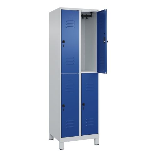 C+P, Doppelstock-Spind Classic PLUS, 2 Abteile, lichtgrau / enzianblau, HxB 1950 x 600 mm, mit Füßen, Drehriegel C+P