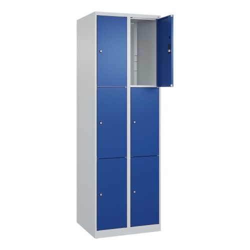 C+P, 3er-Schließfachschrank Classic PLUS, 2 Abteile, lichtgrau / enzianblau, B 600 mm, 6 Fächer, mit Bodengleitern C+P