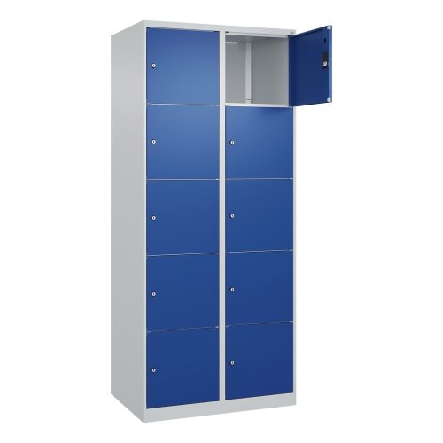 C+P, 5er-Schließfachschrank Classic PLUS, 2 Abteile, lichtgrau / enzianblau, B 800 mm, 10 Fächer, mit Bodengleitern C+P