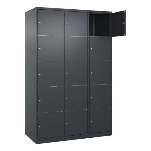 C+P, 5er-Schließfachschrank Classic PLUS, 3 Abteile, grau, B 1200 mm, 15 Fächer, mit Bodengleitern C+P