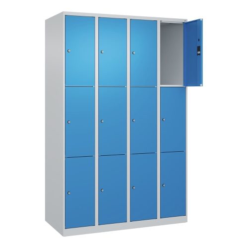 C+P, 3er-Schließfachschrank Classic PLUS, 4 Abteile, lichtgrau / lichtblau, B 1200 mm, 12 Fächer, mit Bodengleitern C+P