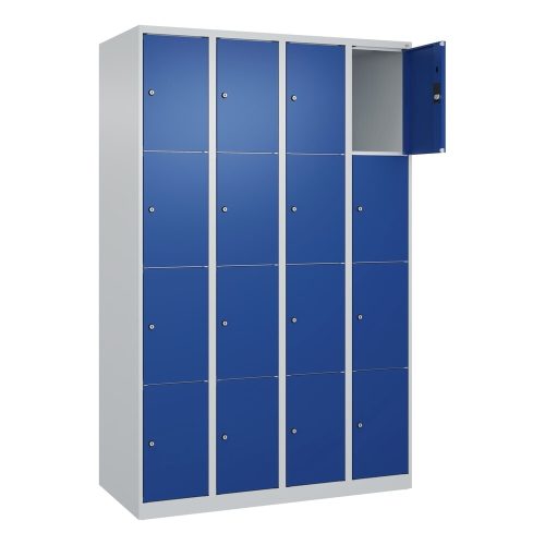 C+P Schliessfachschrank Classic PLUS, 4 Abteile, HxBxT 1.850 x 1.200 x 500 mm, lichtgrau, enzianblau, 16 Fächer, Zylinderschloss