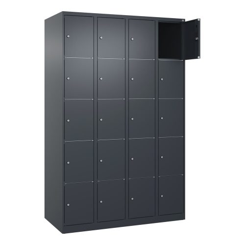 C+P, 5er-Schließfachschrank Classic PLUS, 4 Abteile, grau, B 1200 mm, 20 Fächer, mit Bodengleitern C+P