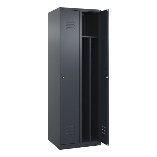 C+P, C+P Schwarz-Weiß-Spind Classic PLUS, schmal, 2 Abteile, verkürzte Trennwand mittig, grau, B 600 mm, mit Bodengleitern, Zylinderschloss, Trennwand mittig
