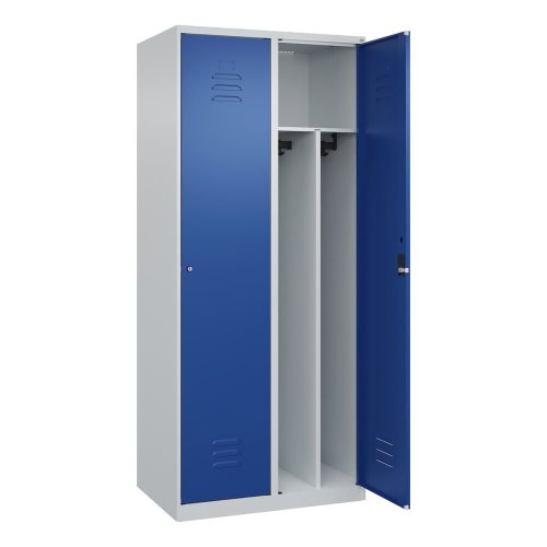C+P, C+P Schwarz-Weiß-Spind Classic PLUS, schmal, 2 Abteile, verkürzte Trennwand mittig, lichtgrau / enzianblau, B 800 mm, mit Bodengleitern, Zylinderschloss,