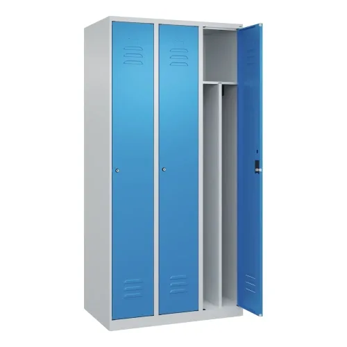 C+P, C+P Schwarz-Weiß-Spind Classic PLUS, schmal, 3 Abteile, verkürzte Trennwand mittig, lichtgrau / lichtblau, B 900 mm, mit Bodengleitern, Zylinderschloss,