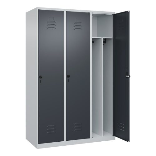 C+P, C+P Schwarz-Weiß-Spind Classic PLUS, schmal, 3 Abteile, verkürzte Trennwand mittig, lichtgrau / grau, B 1200 mm, mit Bodengleitern, Drehriegel, Trennwand