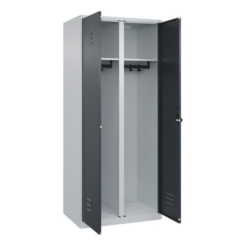 C+P, Schwarz-Weiß-Spind Classic PLUS, Trennwand mittig, 1 Abteil, lichtgrau / grau, HxB 1850 x 800 mm, mit Bodengleitern, Drehriegel C+P