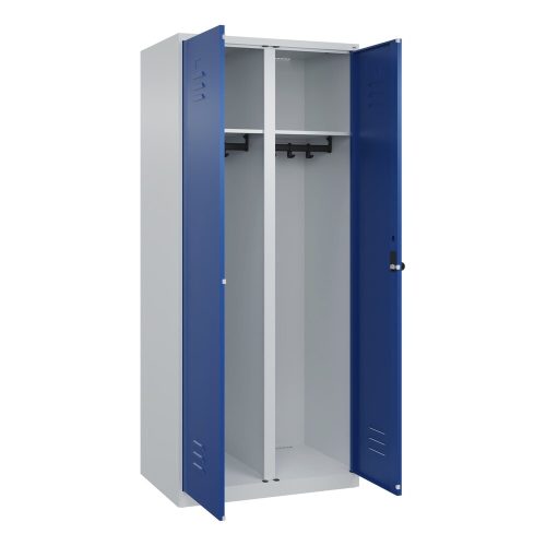 C+P, Schwarz-Weiß-Spind Classic PLUS, Trennwand mittig, 1 Abteil, lichtgrau / enzianblau, HxB 1850 x 800 mm, mit Bodengleitern, Drehriegel C+P