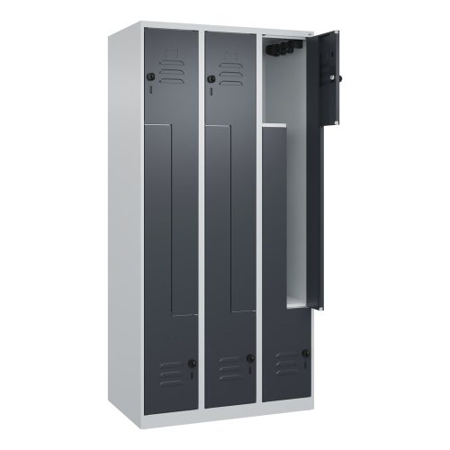 C+P, Z-Spind Classic PLUS, 3 Abteile, lichtgrau / grau, B 900 mm, mit Bodengleitern, Drehriegel C+P