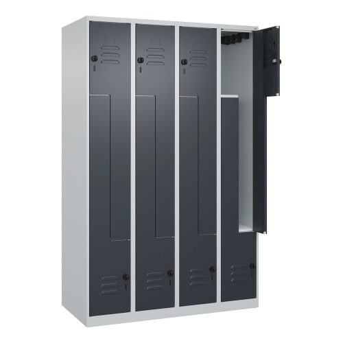 C+P, Z-Spind Classic PLUS, 4 Abteile, lichtgrau / grau, B 1200 mm, mit Bodengleitern, Drehriegel C+P