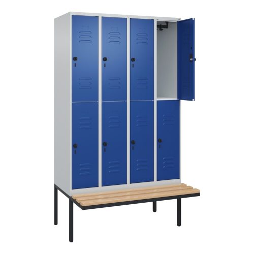 C+P, Doppelstock-Spind Classic PLUS Sitzbank, 4 Abteile, lichtgrau / enzianblau, B 1200 mm, Sicherheits-Drehriegel, auskragend, Buche-Hartholz C+P