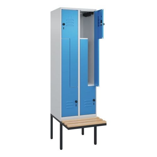 C+P, Z-Spind Classic PLUS Sitzbank, 2 Abteile, lichtgrau / lichtblau, B 600 mm, Sicherheits-Drehriegel, auskragend, Buche-Hartholz C+P