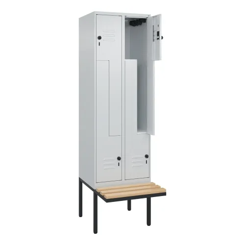 C+P, Z-Spind Classic PLUS Sitzbank, 2 Abteile, lichtgrau, B 600 mm, Sicherheits-Drehriegel, auskragend, Buche-Hartholz C+P