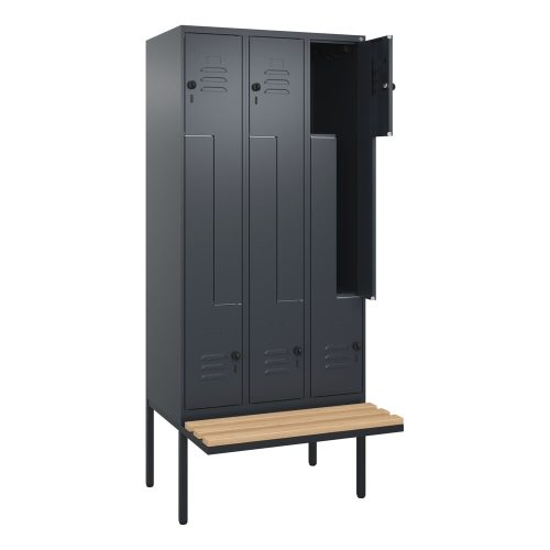 C+P, Z-Spind Classic PLUS Sitzbank, 3 Abteile, grau, B 900 mm, Sicherheits-Drehriegel, auskragend, Buche-Hartholz C+P