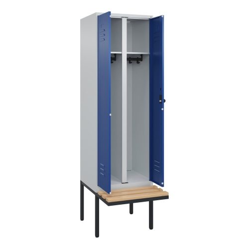 C+P, C+P Schwarz-Weiß-Spind Classic PLUS Sitzbank, Trennwand mittig, 1 Abteil, lichtgrau / enzianblau, B 600 mm, Sicherheits-Drehriegel, auskragend,