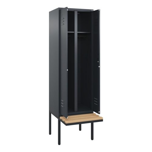 C+P Schwarz-Weiss-Spind Classic PLUS, 2 Abteile, HxBxT 2.120 x 600 x 815 mm, Zylinderschloss, auskragende Bank aus Buche, anthrazitgrau, anthrazitgrau