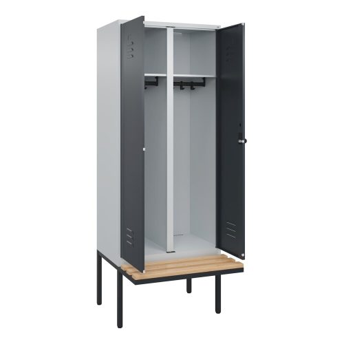 C+P, C+P Schwarz-Weiss-Spind Classic PLUS, 2 Abteile, HxBxT 2.120 x 800 x 815 mm, für Vorhängeschloss, auskragende Bank aus Buche, lichtgrau, anthrazitgrau