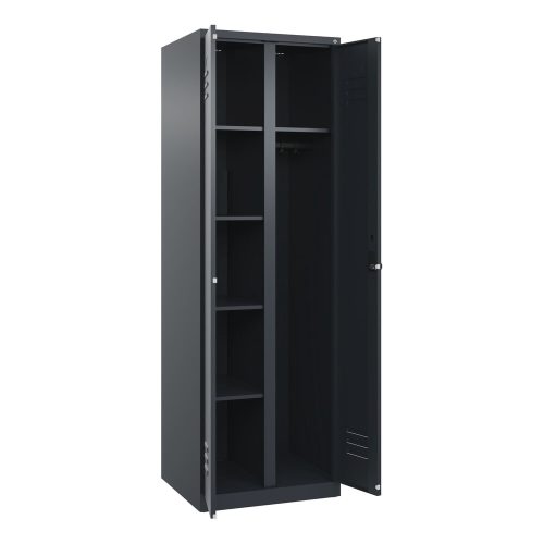 C+P, Putzmittelspind Classic PLUS, 1 Abteil, Trennwand mittig, grau, B 600 mm, mit Bodengleitern, Drehriegel C+P