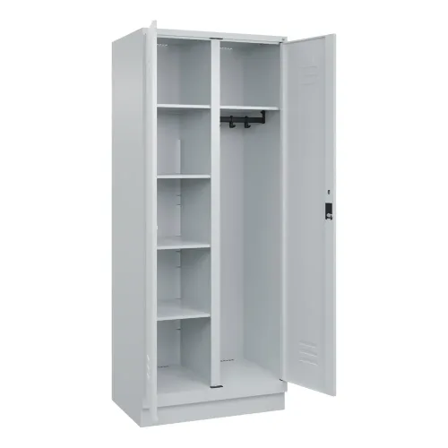 C+P, Putzmittelspind Classic PLUS, 1 Abteil, Trennwand mittig, lichtgrau, B 800 mm, mit Bodensockel, Zylinderschloss C+P