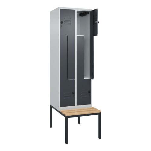C+P, Z-Spind Classic PLUS Sitzbank, 2 Abteile, lichtgrau / grau, B 600 mm, Sicherheits-Drehriegel, untergebaut, Buche-Hartholz C+P
