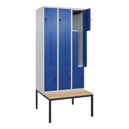 C+P, Z-Spind Classic PLUS Sitzbank, 3 Abteile, lichtgrau / enzianblau, B 900 mm, Sicherheits-Drehriegel, untergebaut, Buche-Hartholz C+P