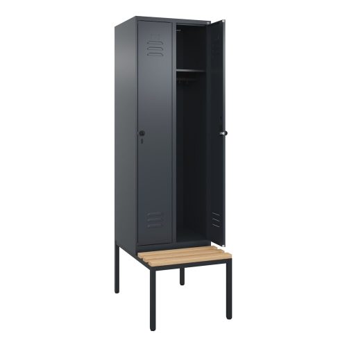 C+P, Spind Classic PLUS Sitzbank, 2 Abteile, grau, B 600 mm, Sicherheits-Drehriegel, untergebaut, Buche-Hartholz C+P