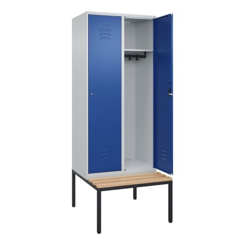 C+P, Spind Classic PLUS Sitzbank, 2 Abteile, lichtgrau / enzianblau, B 800 mm, Zylinderschloss, untergebaut, Buche-Hartholz C+P