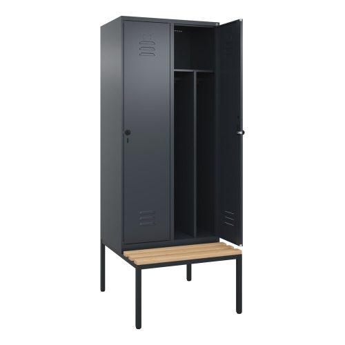 C+P, C+P Schwarz-Weiß-Spind Classic PLUS Sitzbank, schmal, 2 Abteile, verkürzte Trennwand mittig, grau, B 800 mm, Sicherheits-Drehriegel, untergebaut,