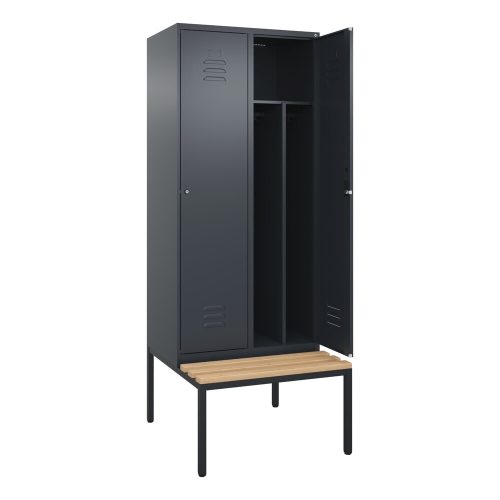 C+P Spind Classic PLUS, 2 Abteile, Trennwand, HxBxT 2.120 x 800 x 815 mm, Zylinderschloss, Trennwand, untergebaute Bank aus Buche, anthrazitgrau, anthrazitgrau