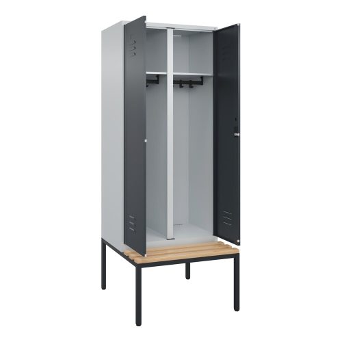 C+P Schwarz-Weiss-Spind Classic PLUS, 2 Abteile, HxBxT 2.120 x 800 x 815 mm, Zylinderschloss, untergebaute Bank aus Buche, lichtgrau, anthrazitgrau