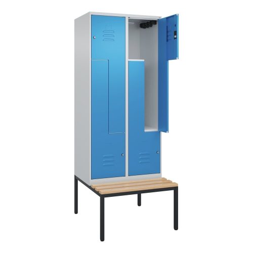 C+P, Z-Spind Classic PLUS Sitzbank, 2 Abteile, lichtgrau / lichtblau, B 800 mm, Zylinderschloss, untergebaut, Buche-Hartholz C+P