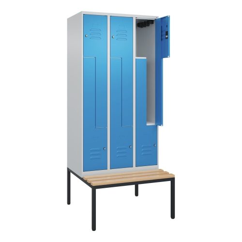 C+P, Z-Spind Classic PLUS Sitzbank, 3 Abteile, lichtgrau / lichtblau, B 900 mm, Zylinderschloss, untergebaut, Buche-Hartholz C+P