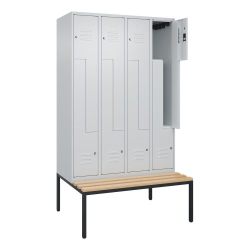 C+P Z-Spind Classic PLUS, 8 Abteile, HxBxT 2.120 x 1.200 x 815 mm, Zylinderschloss, untergebaute Bank aus Buche, lichtgrau, lichtgrau