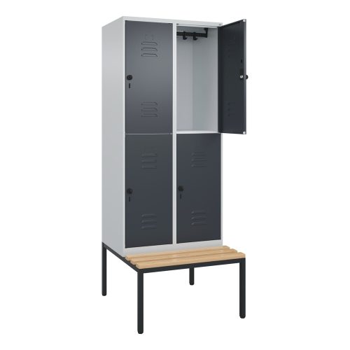 C+P, Doppelstock-Spind Classic PLUS Sitzbank, 2 Abteile, lichtgrau / grau, B 800 mm, Sicherheits-Drehriegel, untergebaut, Buche-Hartholz C+P