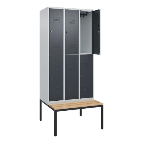 C+P, Doppelstock-Spind Classic PLUS Sitzbank, 3 Abteile, lichtgrau / grau, B 900 mm, Zylinderschloss, untergebaut, Buche-Hartholz C+P
