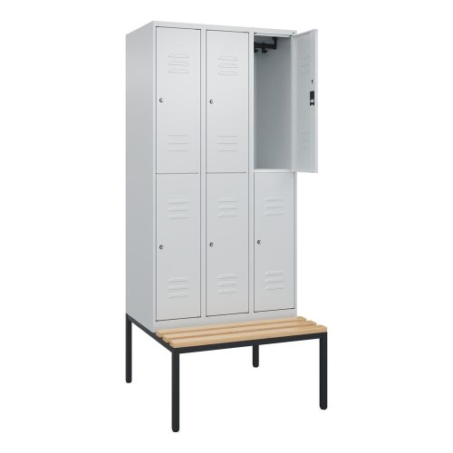 C+P, Doppelstock-Spind Classic PLUS Sitzbank, 3 Abteile, lichtgrau, B 900 mm, Zylinderschloss, untergebaut, Buche-Hartholz C+P
