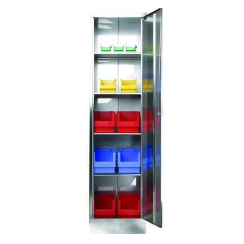 Reinsch Flügeltürenschrank aus Edelstahl, 2-flügelig, 4 Einlegeböden, HxBxT 1.950 x 1.000 x 600 mm, Sockel