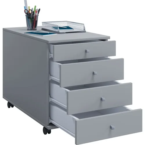 undefined, Rollcontainer, 4 Schubfächer mit Griffknopf, B 420 x T 800 x H 570 mm, Spanplatte, grau