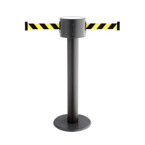 RS-GUIDESYSTEMS® Gurt-Absperrpfosten, 2-seitig, aus Metall + 2 Wandclips, schwarz / gelb diagonal gestreift