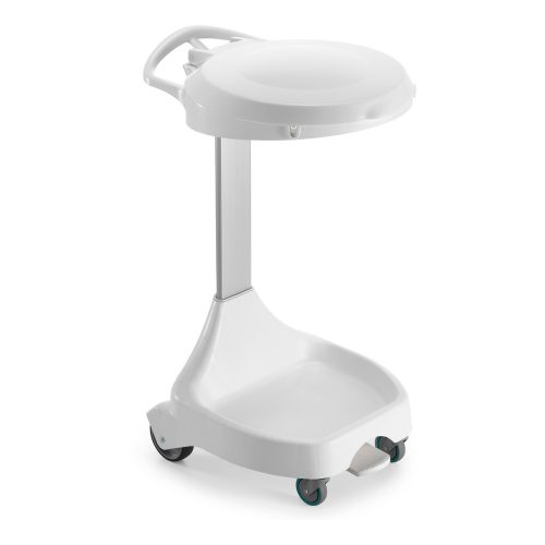 Mobiler Pedal-Abfallsackhalter Delta I, für 120-Liter-Säcke, 2 Räder + 2 Lenkrollen, Gestell weiss, Deckel blau
