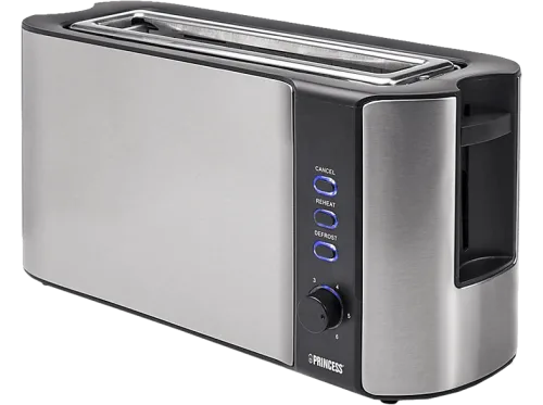Princess, Princess Langschlitztoaster mit eingebautem Brötchenaufsatz Edelstahl, Schwarz