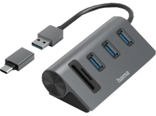 Hama, hama 00200140 USB-Hub/Kartenleser, 5 Ports, 3x USB-A, SD, microSD, inkl. USB-C-Adapter