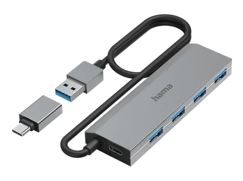Hama, Hama - USB-Hub, 7 Ports, USB 3.2 Gen1, 5 Gbit s, inkl. USB-C-Adapter und Netzteil, Taubengrau, 360X260X20MM