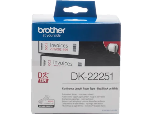 Brother, Brother DK-22251 kontinuierliche Länge Papierrollenetiketten Selbstklebend Schwarz/Rot Druck auf Weiß 62 mm x 15,24m