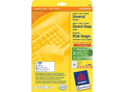AVERY Zweckform, AVERY ZWECKFORM Universal-Etiketten 70x36mm 3490 weiss 720 Stk./25 + 5 Blatt