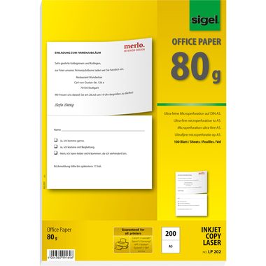 Sigel, SIGEL Spezialpapier A4 LP202 weiss, 200 Stk.A5 / 100 Bl.