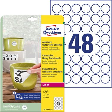 AVERY Zweckform, AVERY ZWECKFORM Etiketten Laser 30mm L4716REV2 weiss, non-perm. 20 Blatt
